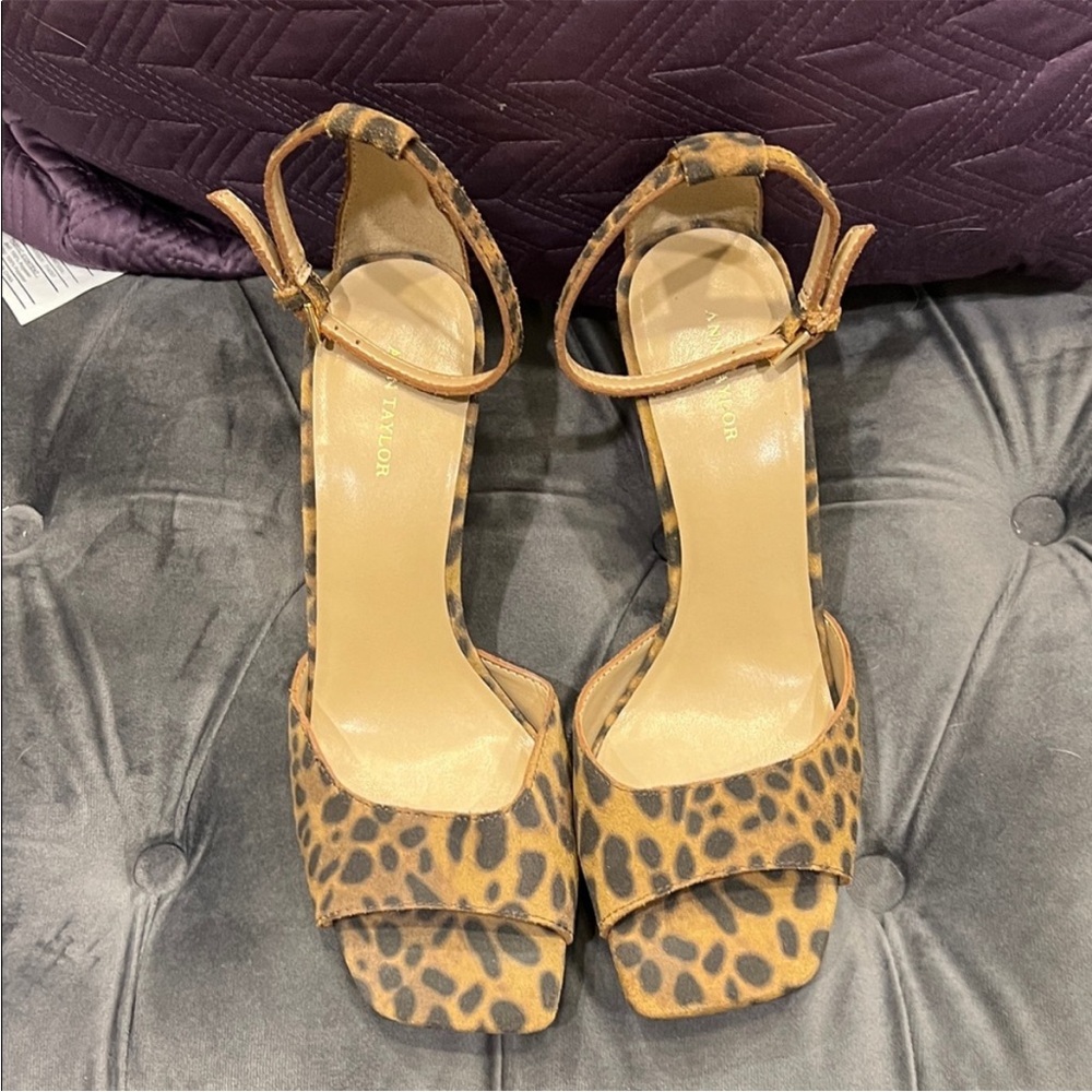 Ann Taylor Leather Leopard Print Ankle-Strap Heels